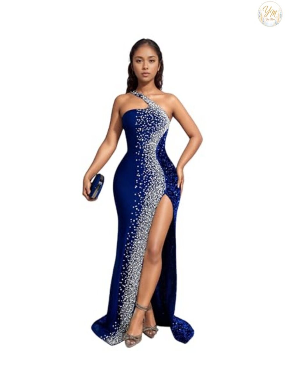 Rhinestone Lace Sheer Mesh Bodycon One Shoulder Evening Dress